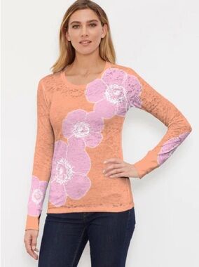 Before + Again Long Sleeve T-Shirt Burnout Orange Pink Poppy Floral M